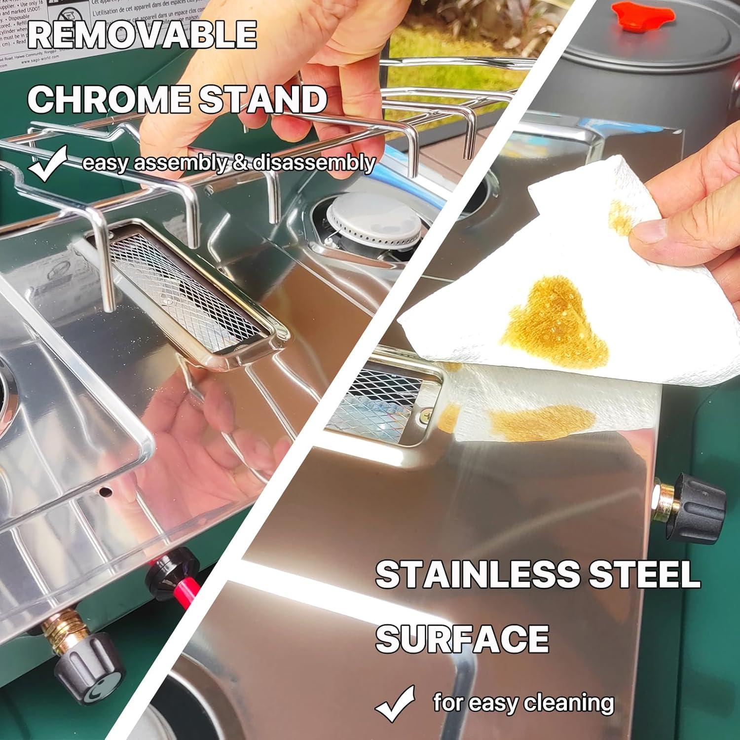 2 Burner Propane Camping Stove, Portable Camp stove/Grill with Adjustable Burners, Wind Guards, Toast Tray, Push-Button Instant Ignition, Total 20400 BTU for Camping, Picnics, Backyard BBQ