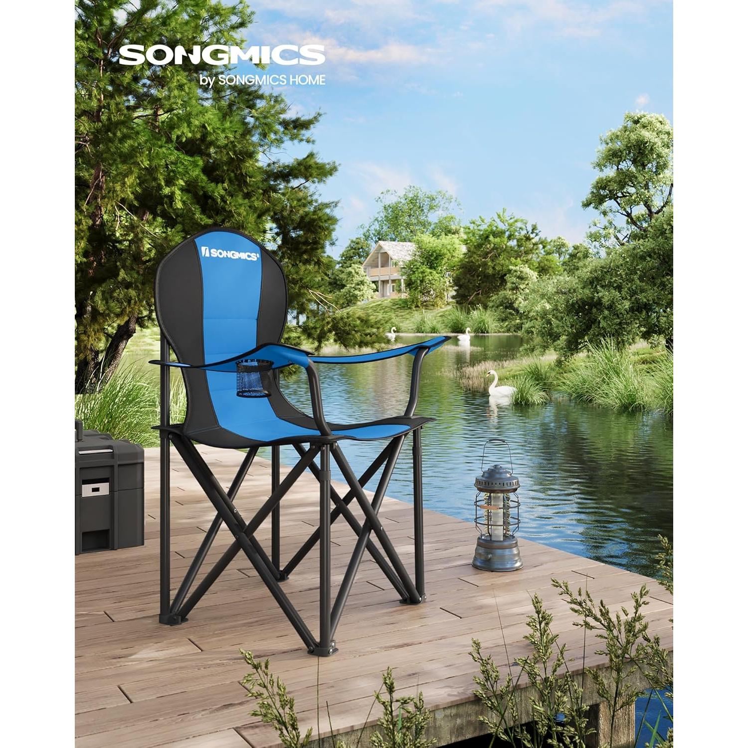 SONGMICS Folding Camping Chair, with Comfortable Sponge Seat, Cup Holder, Heavy Duty Structure, Max Load Capacity 551 lb, Outdoor Picnic Chair, Blue and Black UGCB06BU