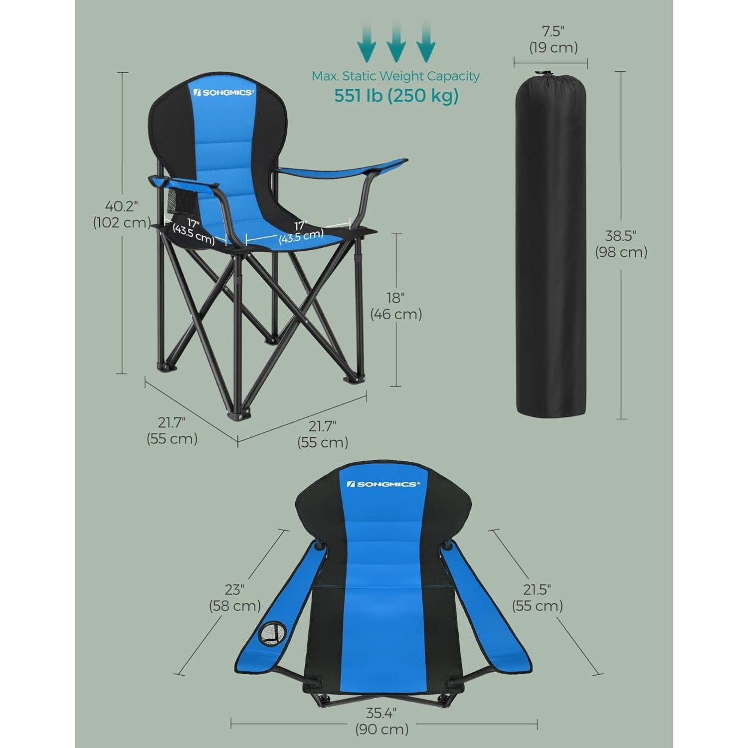 SONGMICS Folding Camping Chair, with Comfortable Sponge Seat, Cup Holder, Heavy Duty Structure, Max Load Capacity 551 lb, Outdoor Picnic Chair, Blue and Black UGCB06BU