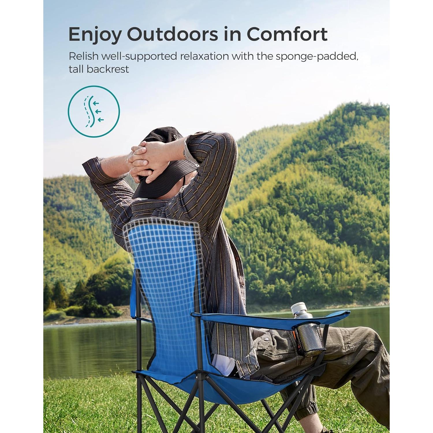 SONGMICS Folding Camping Chair, with Comfortable Sponge Seat, Cup Holder, Heavy Duty Structure, Max Load Capacity 551 lb, Outdoor Picnic Chair, Blue and Black UGCB06BU