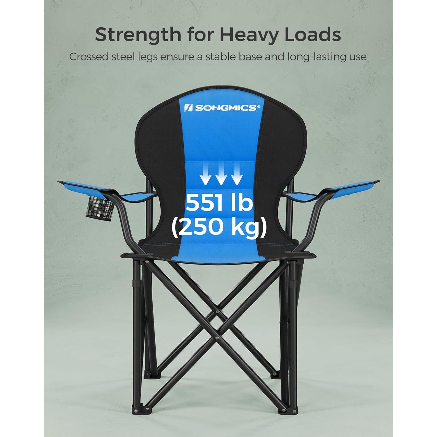 SONGMICS Folding Camping Chair, with Comfortable Sponge Seat, Cup Holder, Heavy Duty Structure, Max Load Capacity 551 lb, Outdoor Picnic Chair, Blue and Black UGCB06BU
