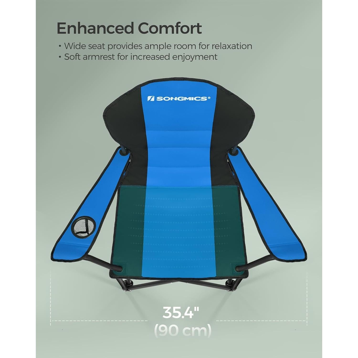 SONGMICS Folding Camping Chair, with Comfortable Sponge Seat, Cup Holder, Heavy Duty Structure, Max Load Capacity 551 lb, Outdoor Picnic Chair, Blue and Black UGCB06BU