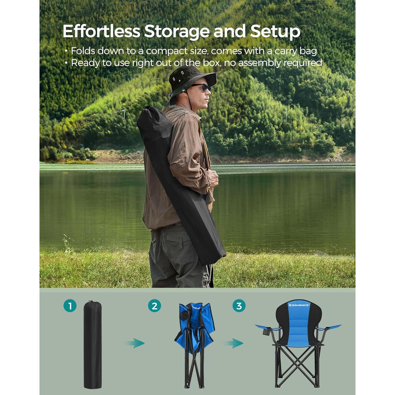 SONGMICS Folding Camping Chair, with Comfortable Sponge Seat, Cup Holder, Heavy Duty Structure, Max Load Capacity 551 lb, Outdoor Picnic Chair, Blue and Black UGCB06BU