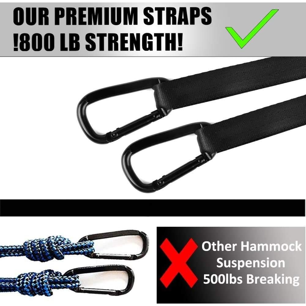Single & Double Camping Hammock Tree Straps and Carabiners, Parachute Nylon Lightweight, Portable Indoor Outdoor, Double, Black-Blue
