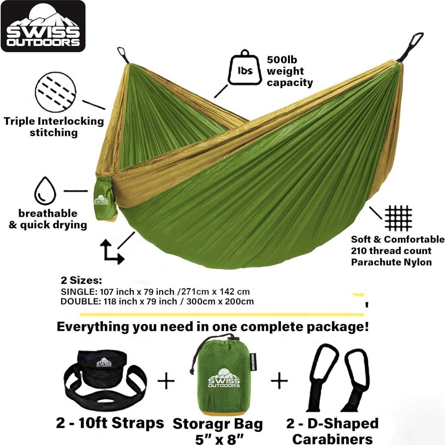 Single & Double Camping Hammock Tree Straps and Carabiners, Parachute Nylon Lightweight, Portable Indoor Outdoor, Double, Black-Blue