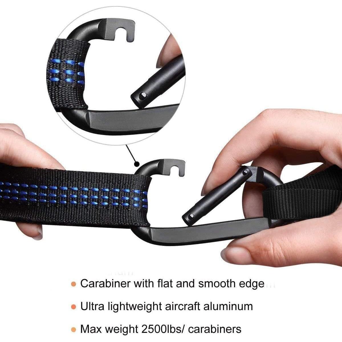 Single & Double Camping Hammock Tree Straps and Carabiners, Parachute Nylon Lightweight, Portable Indoor Outdoor, Double, Black-Blue