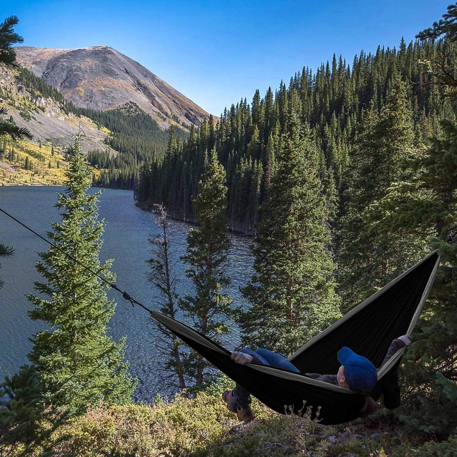 Single & Double Camping Hammock Tree Straps and Carabiners, Parachute Nylon Lightweight, Portable Indoor Outdoor, Double, Black-Blue