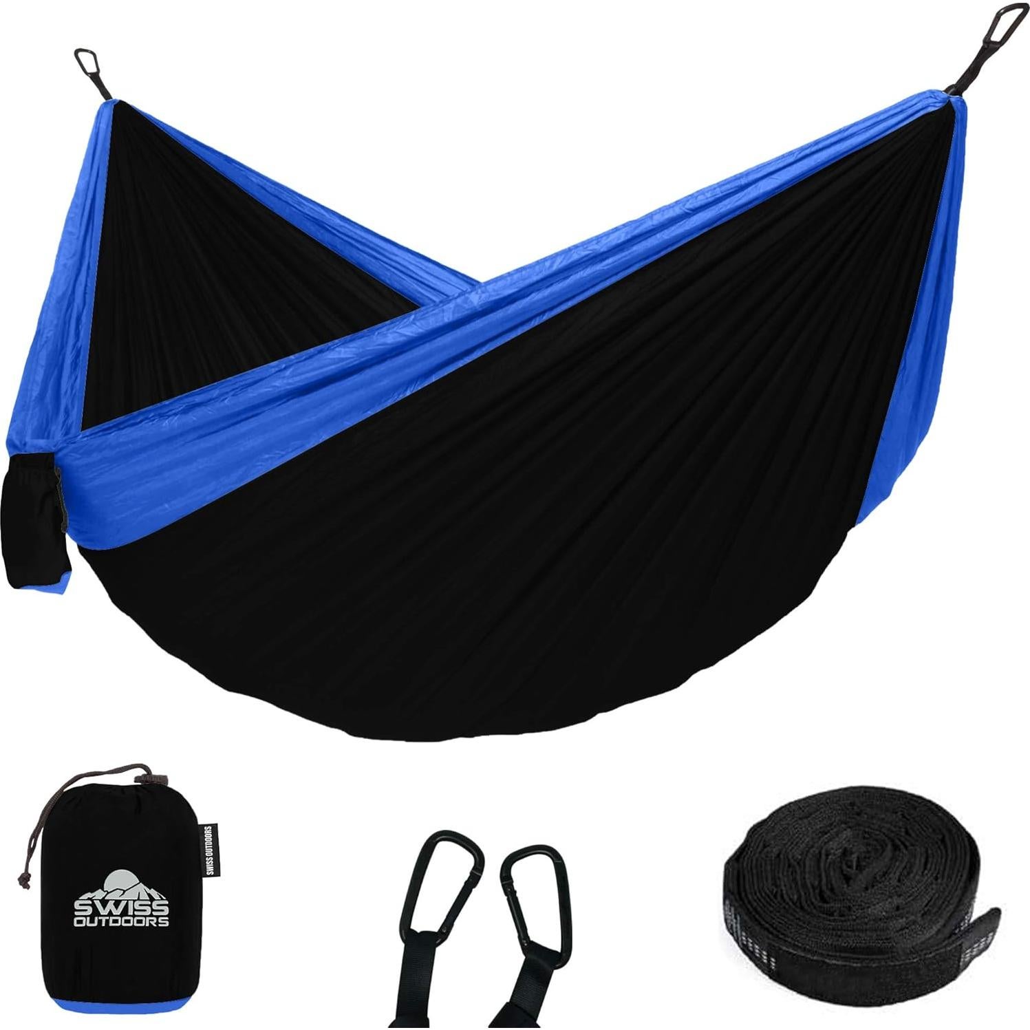 Single & Double Camping Hammock Tree Straps and Carabiners, Parachute Nylon Lightweight, Portable Indoor Outdoor, Double, Black-Blue
