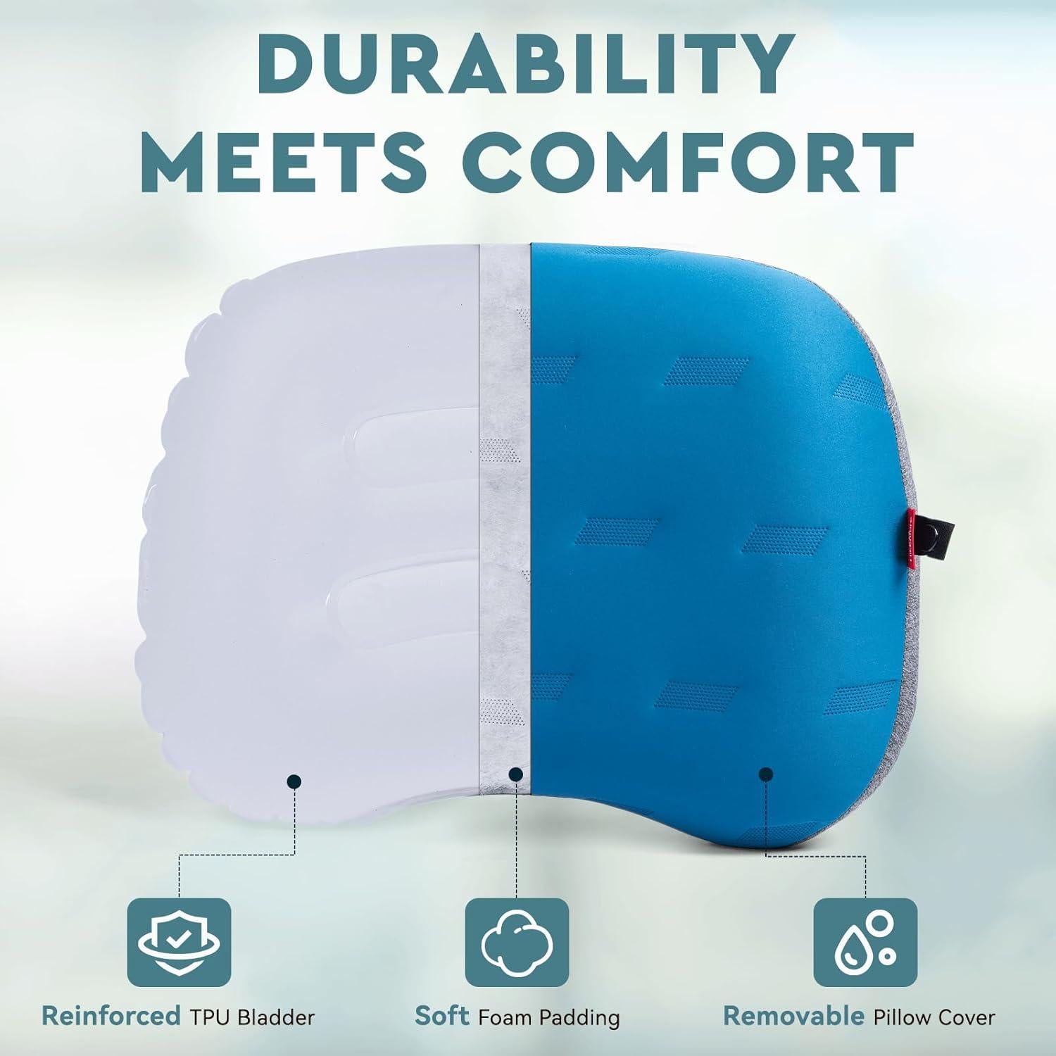 Hikenture Camping Pillow Ultralight, Inflatable Pillow with Removable Cover, Compact Portable Backpacking Pillow, Ergonomic Blow Up Camp Pillow, Washable Air Pillow for Hiking, Beach, Travel (Blue)