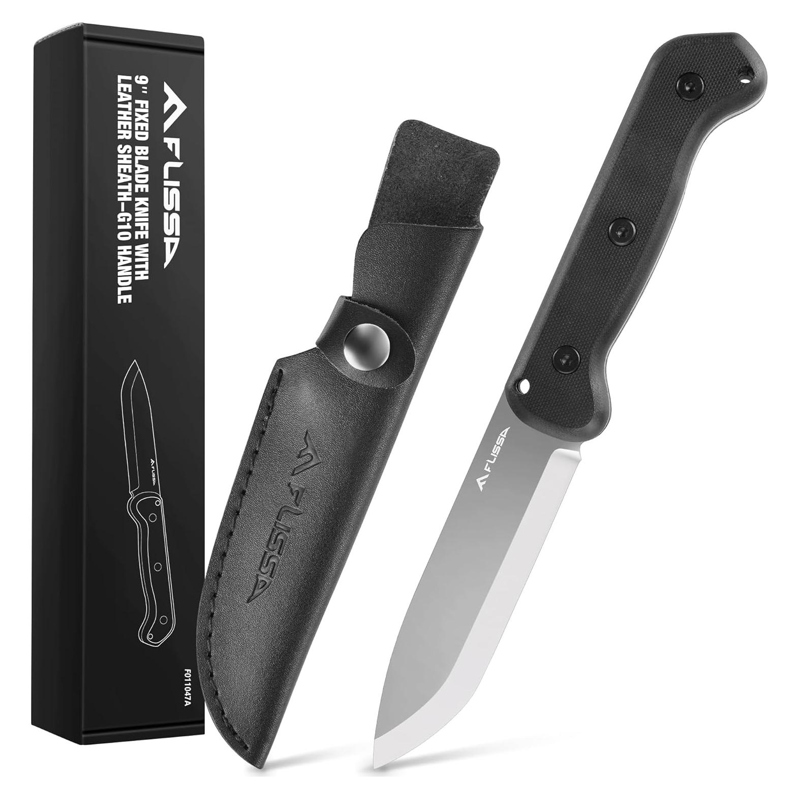 FLISSA 9" Fixed Blade Knife, D2 Steel Hunting Knife for Camping, Outdoor, Bushcraft and Survival, G10 Handle, Leather Sheath Included, Christmas Gifts for Husband, Father, Friend