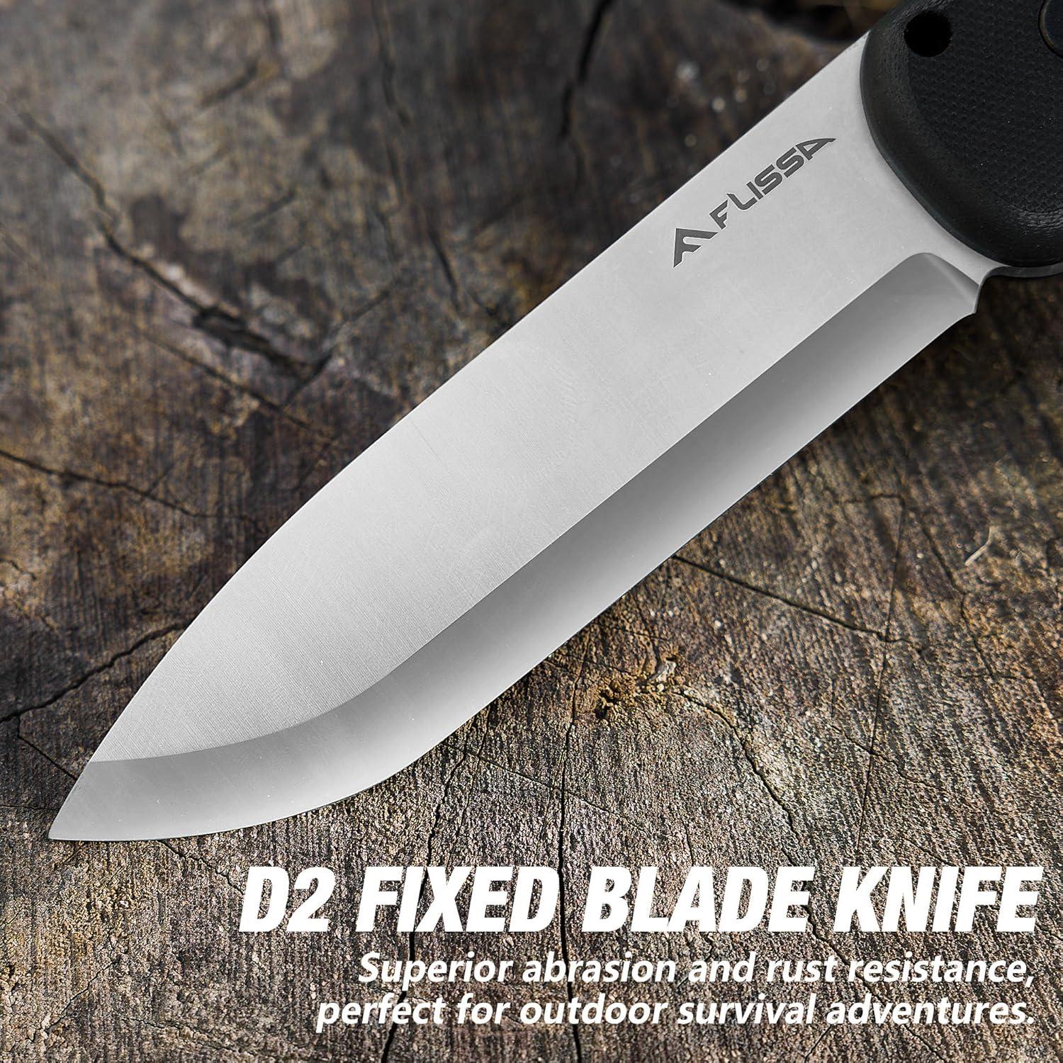 FLISSA 9" Fixed Blade Knife, D2 Steel Hunting Knife for Camping, Outdoor, Bushcraft and Survival, G10 Handle, Leather Sheath Included, Christmas Gifts for Husband, Father, Friend