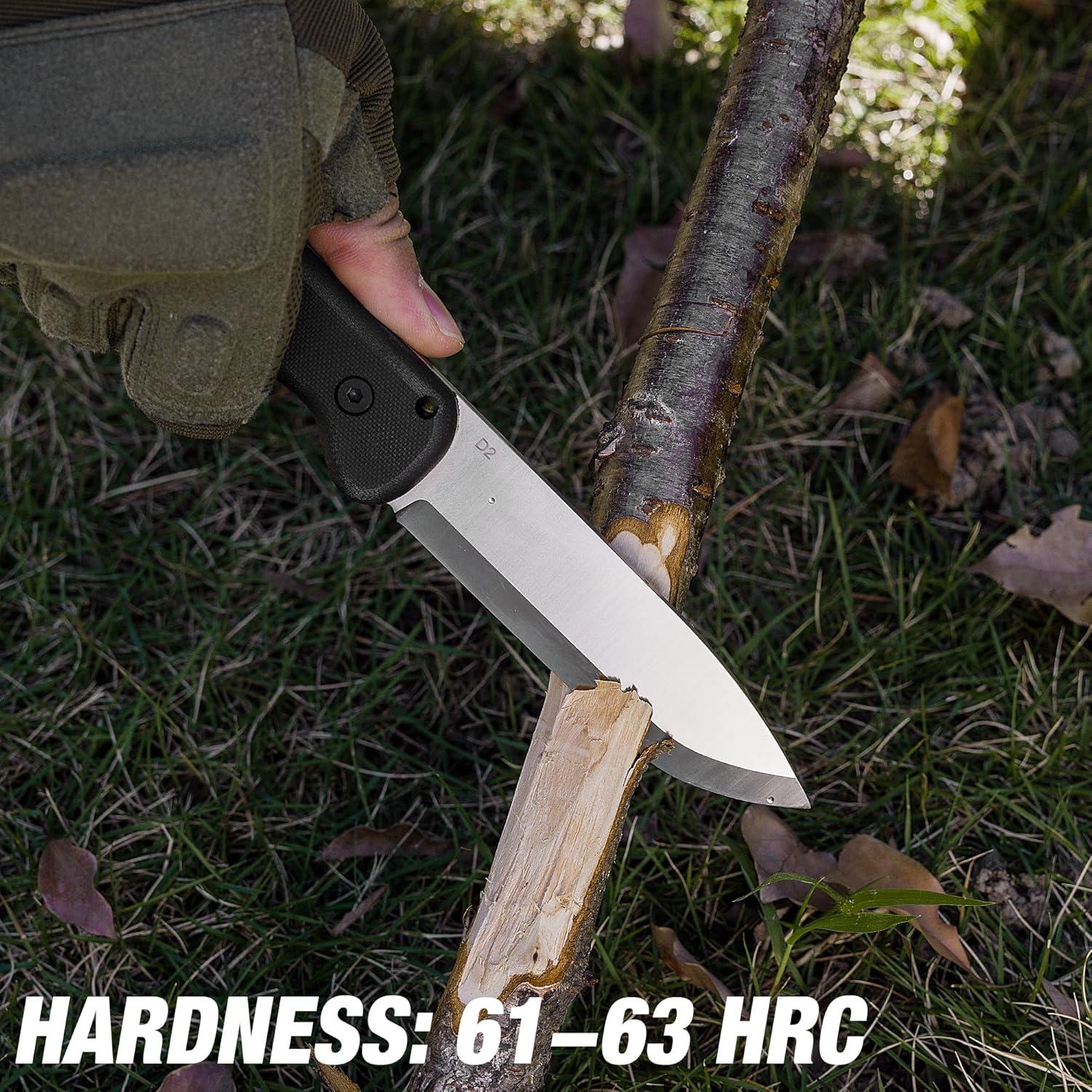 FLISSA 9" Fixed Blade Knife, D2 Steel Hunting Knife for Camping, Outdoor, Bushcraft and Survival, G10 Handle, Leather Sheath Included, Christmas Gifts for Husband, Father, Friend