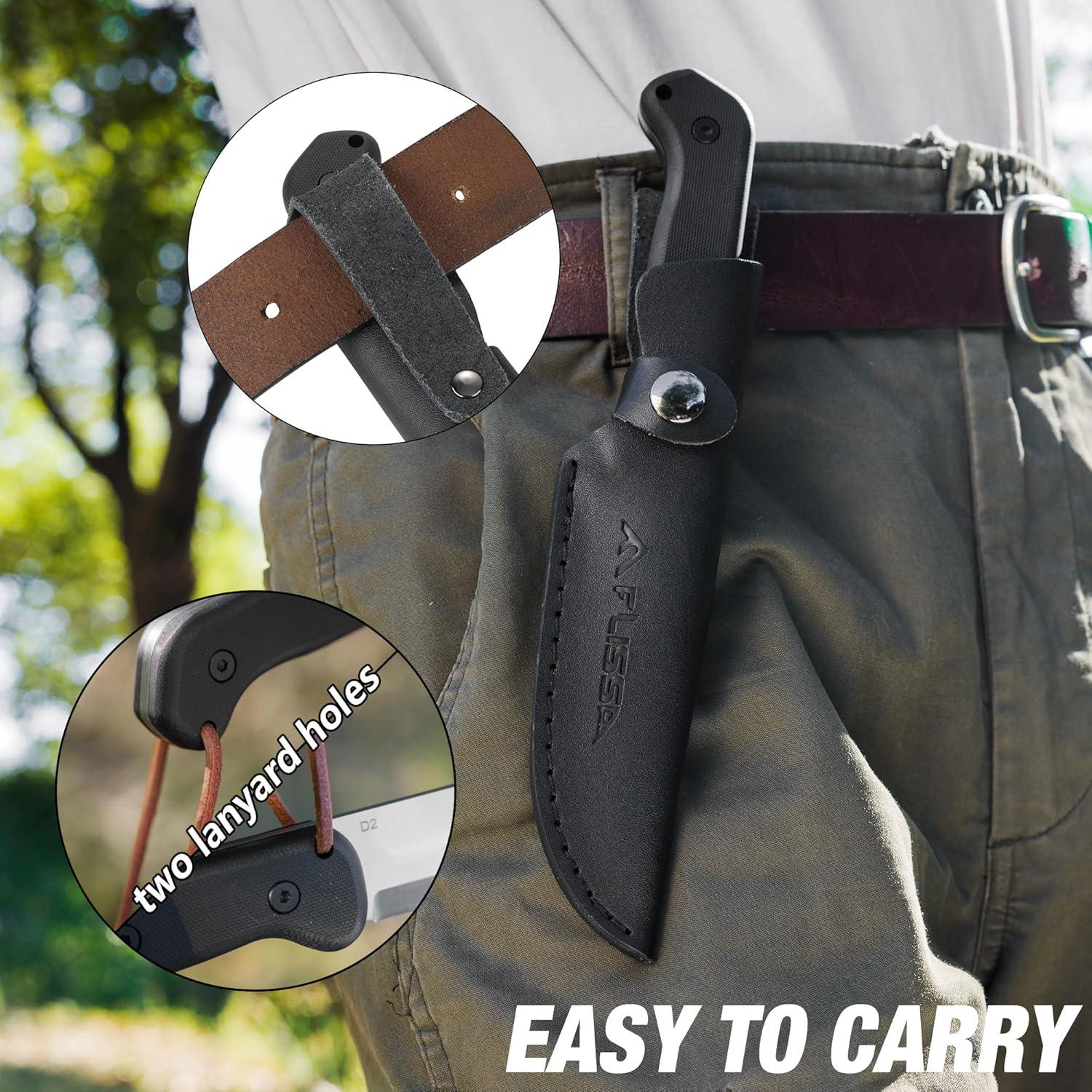 FLISSA 9" Fixed Blade Knife, D2 Steel Hunting Knife for Camping, Outdoor, Bushcraft and Survival, G10 Handle, Leather Sheath Included, Christmas Gifts for Husband, Father, Friend