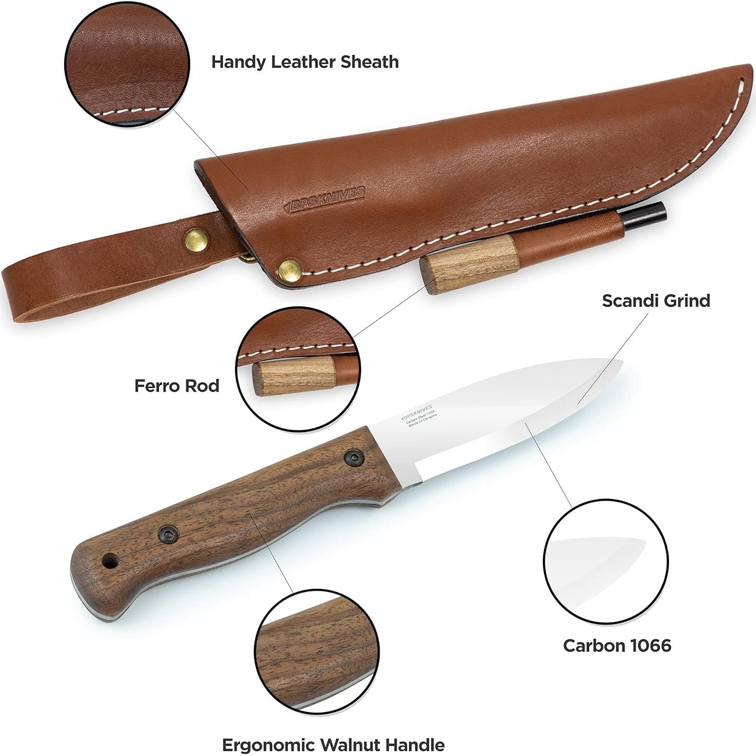Cuchillo de Bushcraft BPS B1 CSHF con Funda de Cuero 24cm