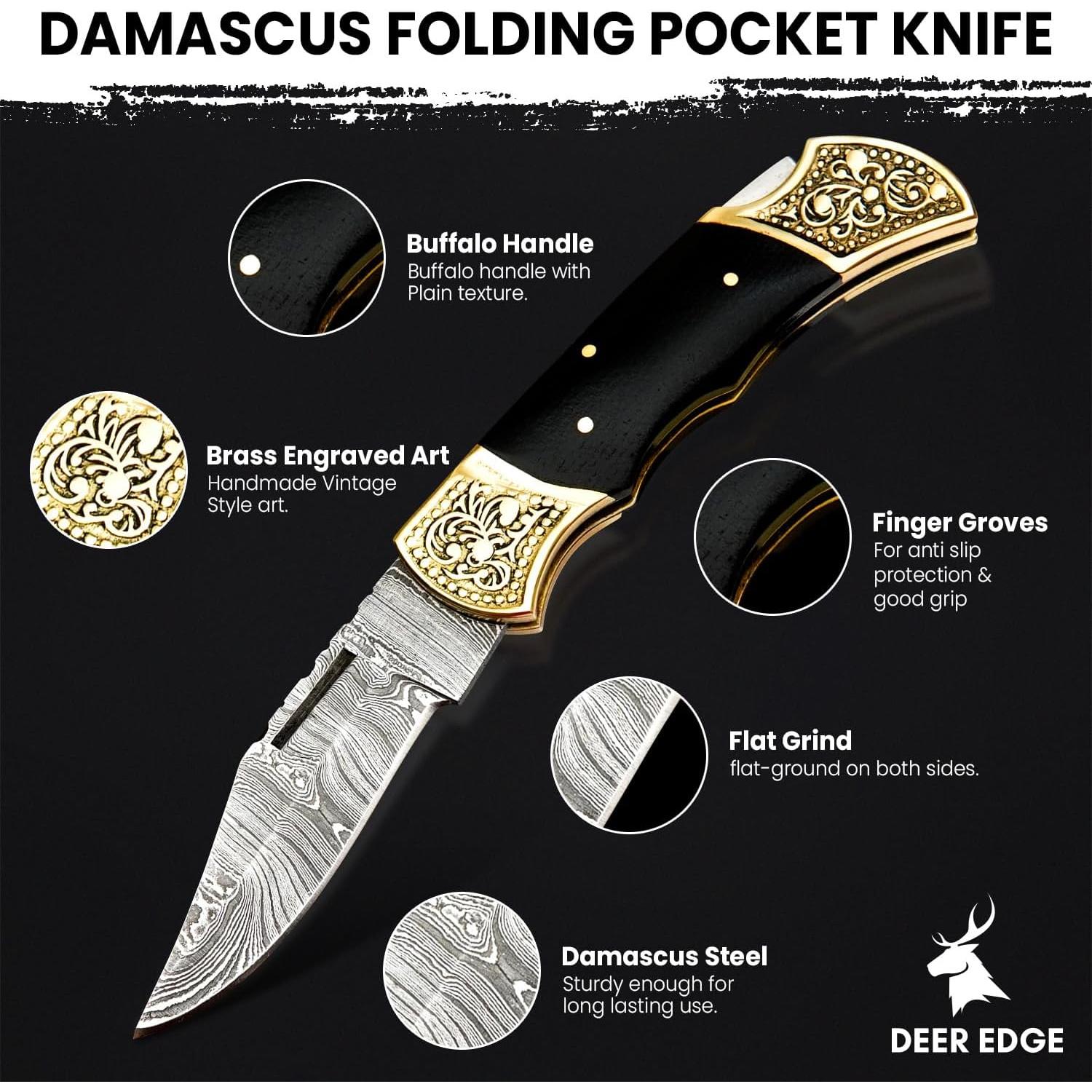 Handmade Damascus Pocket knife for Men - Damascus Folding Knife - Hunting Knife with Sheath for Champing, Hiking, Tracking - Gift for Men, Anniversary Present for Him, Dad, Boyfriend - Black