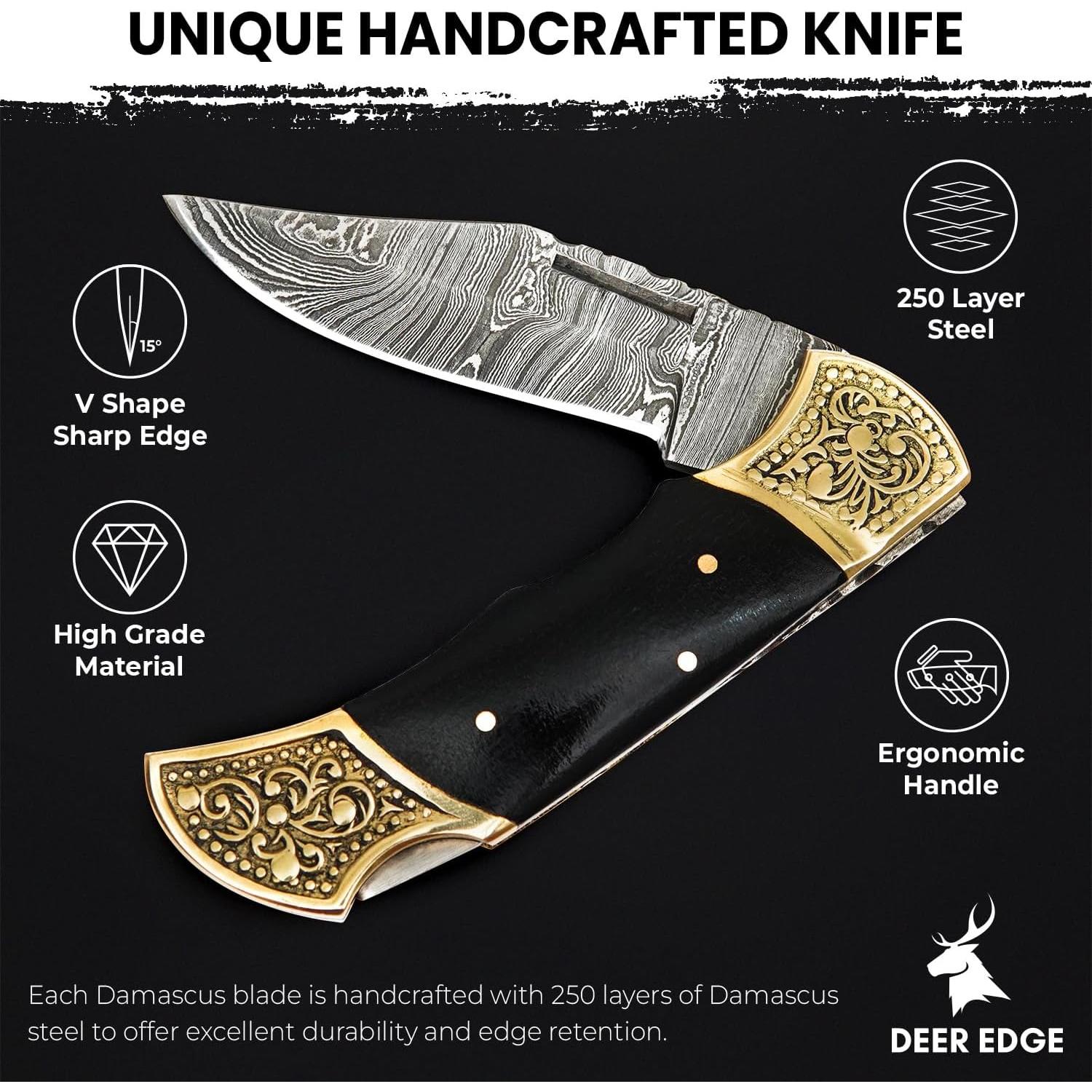 Handmade Damascus Pocket knife for Men - Damascus Folding Knife - Hunting Knife with Sheath for Champing, Hiking, Tracking - Gift for Men, Anniversary Present for Him, Dad, Boyfriend - Black