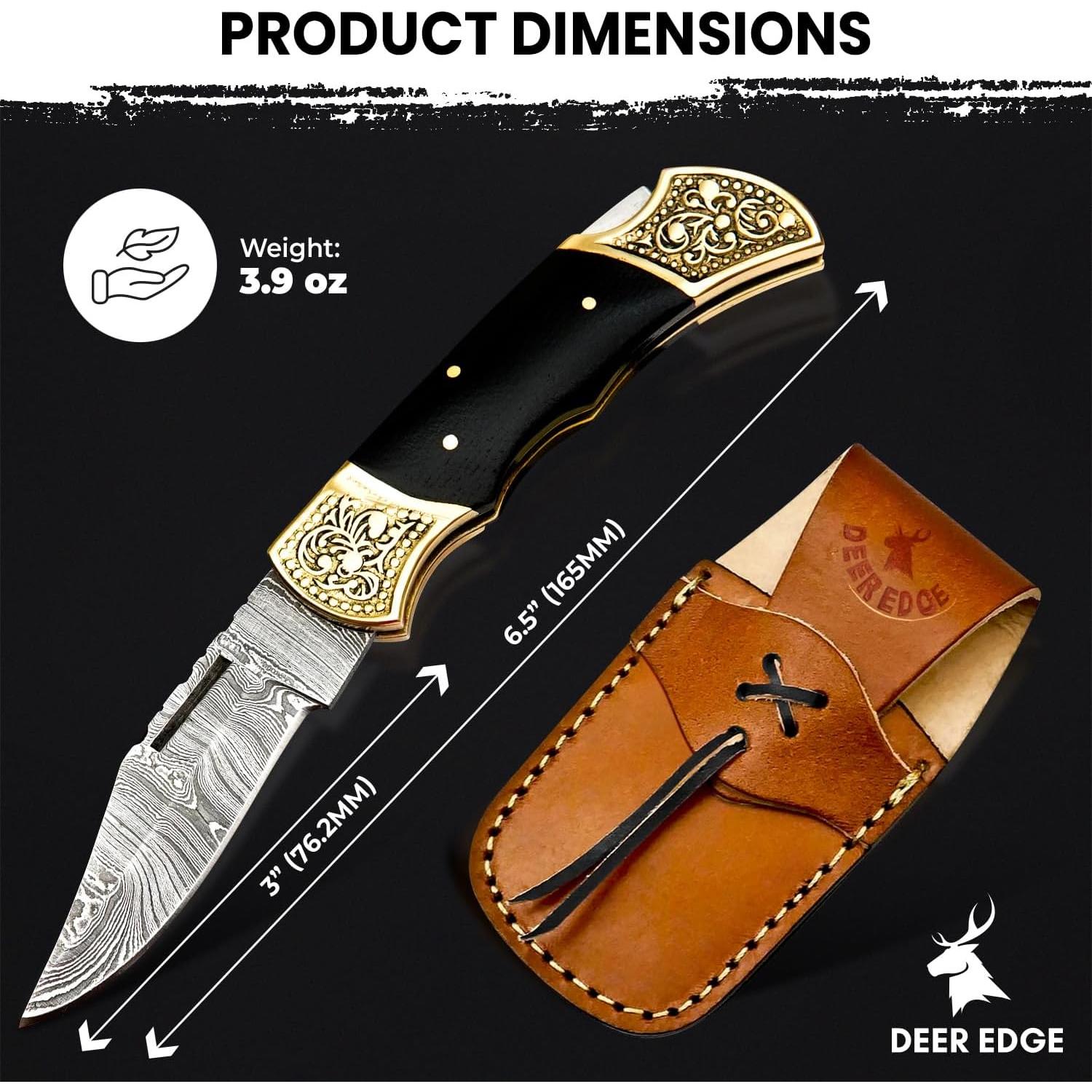 Handmade Damascus Pocket knife for Men - Damascus Folding Knife - Hunting Knife with Sheath for Champing, Hiking, Tracking - Gift for Men, Anniversary Present for Him, Dad, Boyfriend - Black