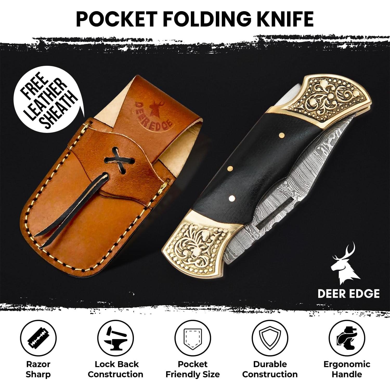 Handmade Damascus Pocket knife for Men - Damascus Folding Knife - Hunting Knife with Sheath for Champing, Hiking, Tracking - Gift for Men, Anniversary Present for Him, Dad, Boyfriend - Black