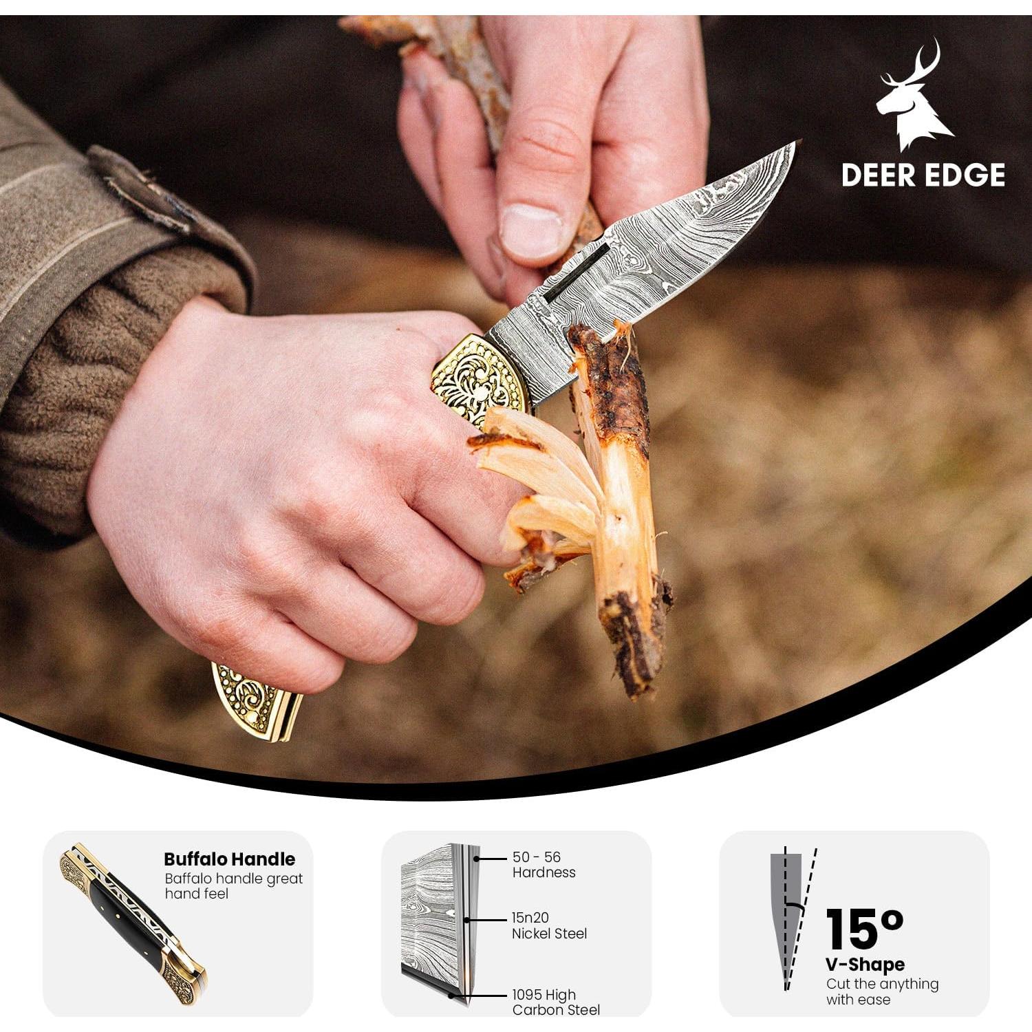 Handmade Damascus Pocket knife for Men - Damascus Folding Knife - Hunting Knife with Sheath for Champing, Hiking, Tracking - Gift for Men, Anniversary Present for Him, Dad, Boyfriend - Black