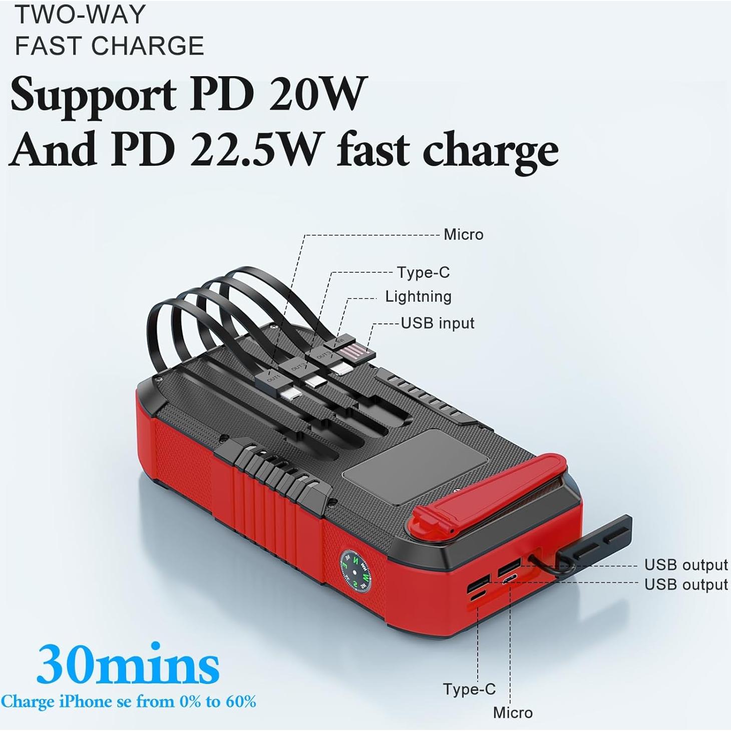 Banco de Energía Solar 66800mAh KIGOKER con Manivela y 6 Salidas