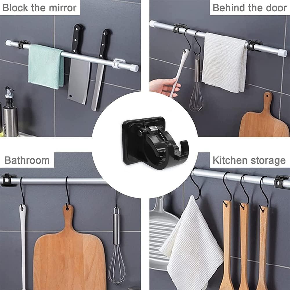 Curtain Rod Black Brackets Set No Drilling,Hanger Crossbar Drapery Fixings,Wall Mount Self Adhesive Drapery Hook Holders,Nail Free Adjustable.for Bathroom Kitchen Home Bathroom & Hotel Use(4Pcs)