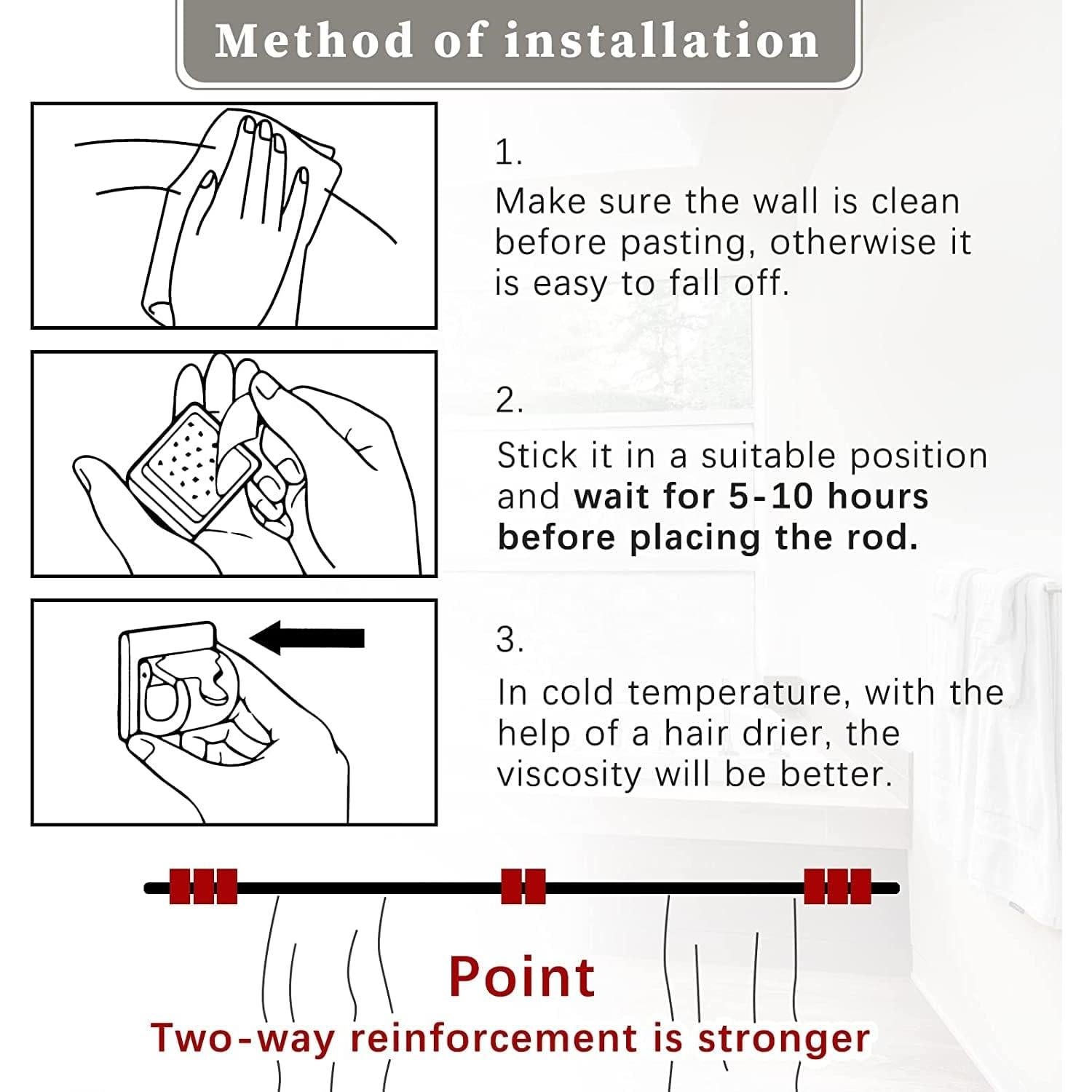 Curtain Rod Black Brackets Set No Drilling,Hanger Crossbar Drapery Fixings,Wall Mount Self Adhesive Drapery Hook Holders,Nail Free Adjustable.for Bathroom Kitchen Home Bathroom & Hotel Use(4Pcs)