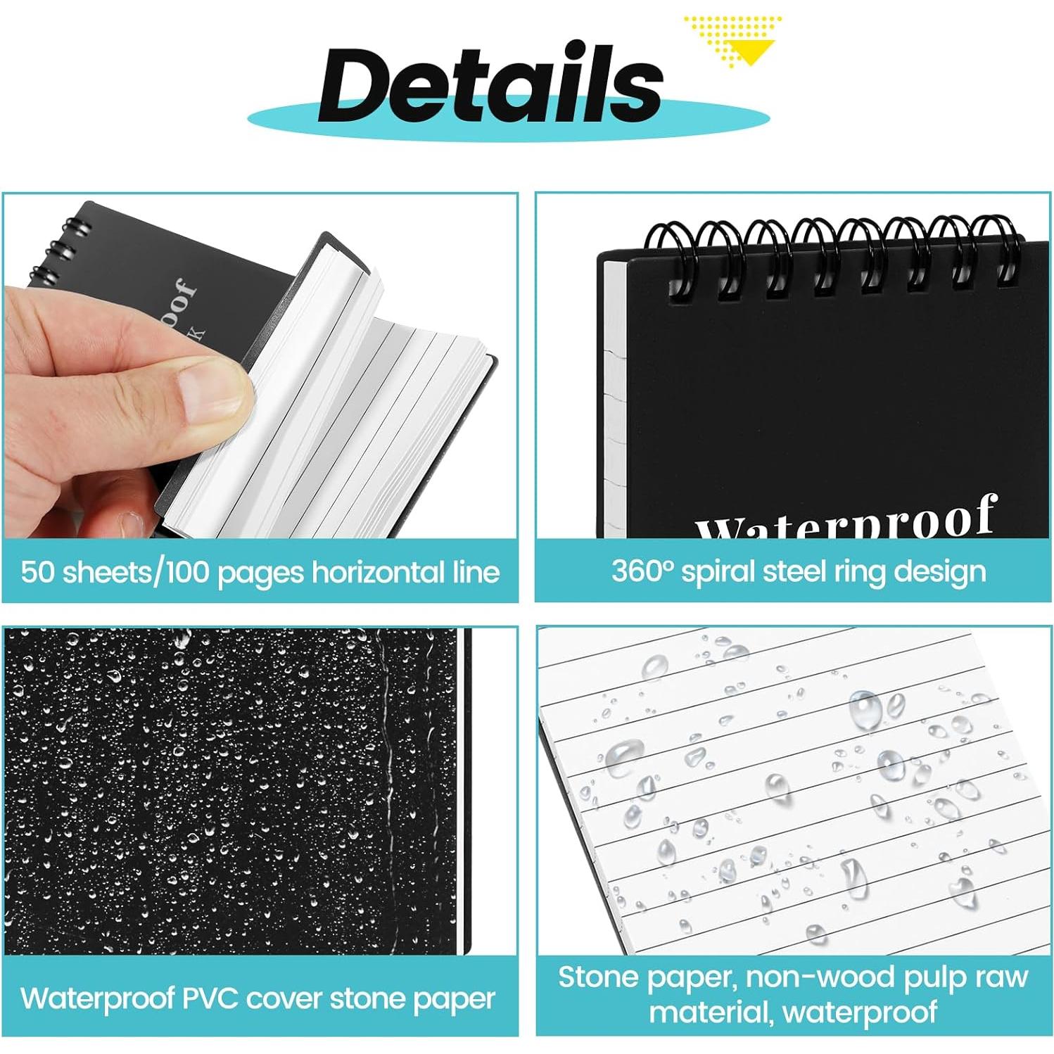 Paquete de 6 Cuadernos Impermeables Wavamawa 3x5 cm Negro