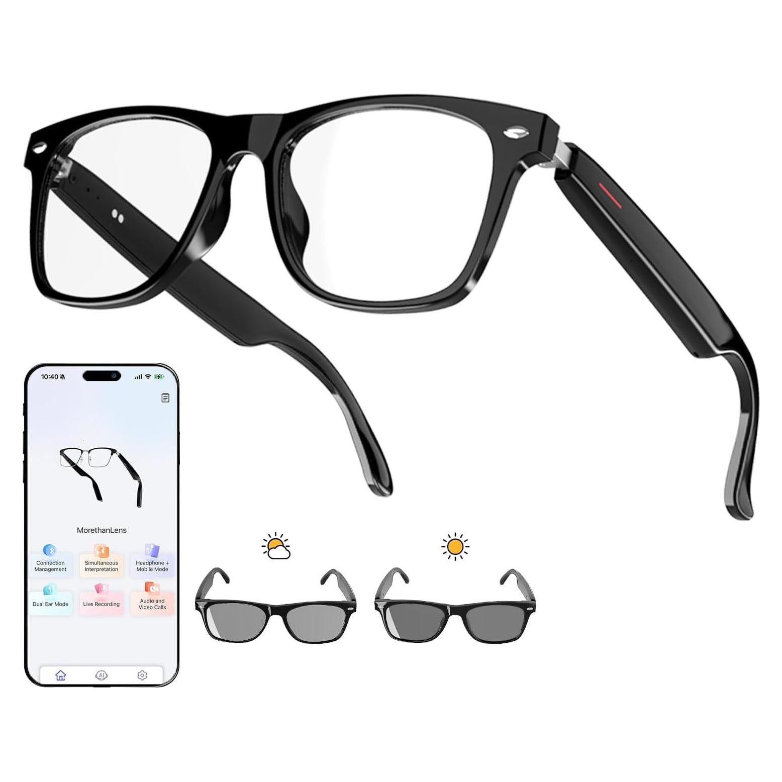 AI Translator Smart Glasses for Men Women, Bluetooth Audio Glasses with Photochromic Lenses, Voice Assistant, Open Ear Lighweight Eyeware, Black