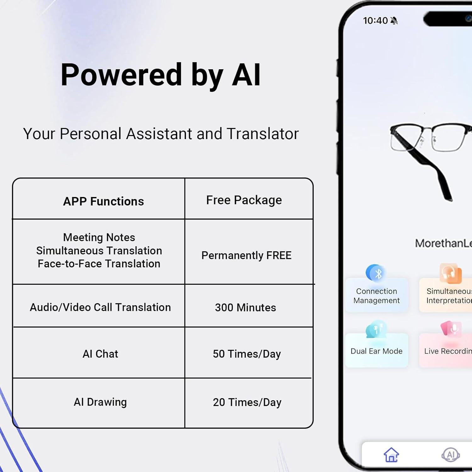 AI Translator Smart Glasses for Men Women, Bluetooth Audio Glasses with Photochromic Lenses, Voice Assistant, Open Ear Lighweight Eyeware, Black
