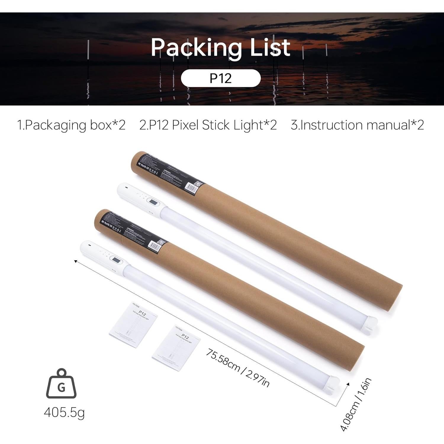 Tubo de Luz LED RGB VILTROX P12 2 Pack, Control DMX, 2500-8500K