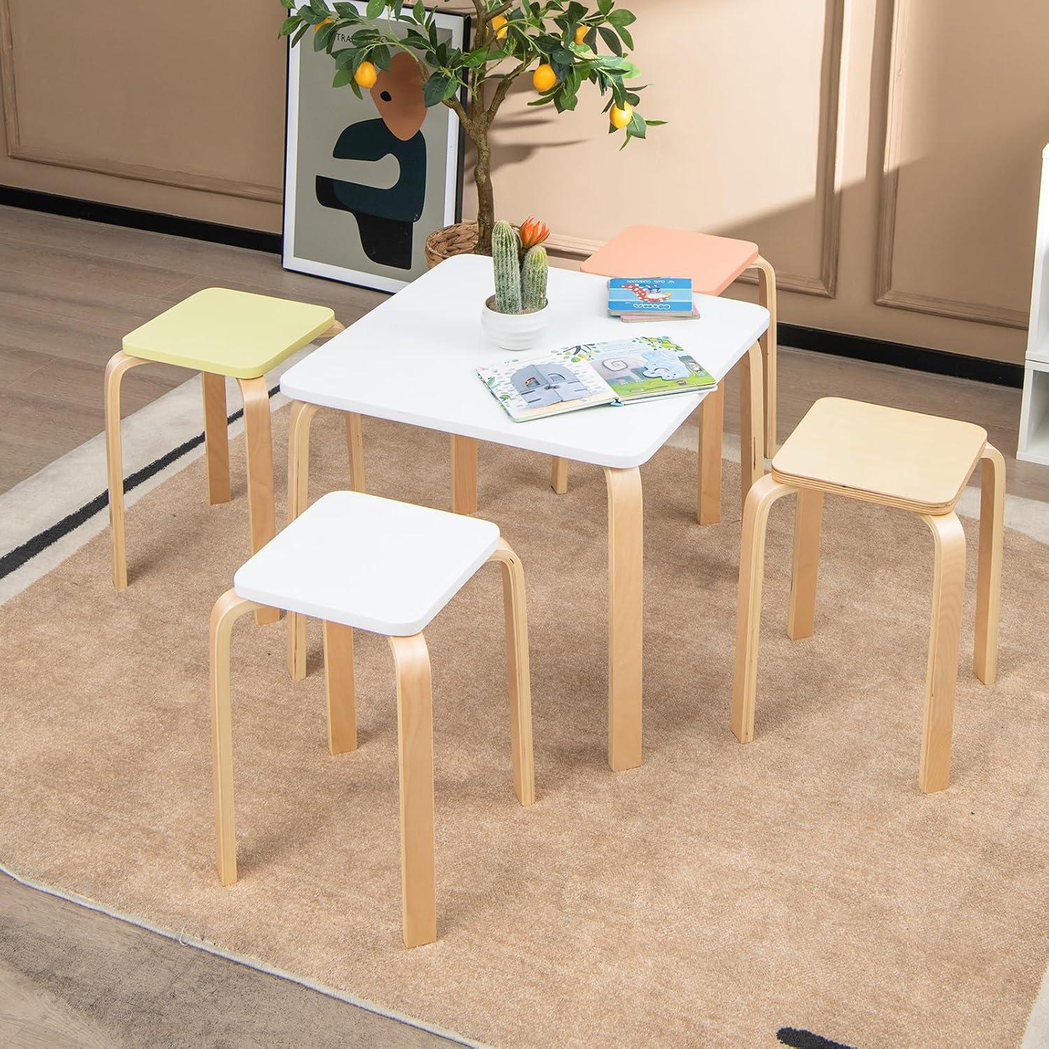 GOFLAME Juego de 4 Taburetes Apilables de Madera Cuadrados