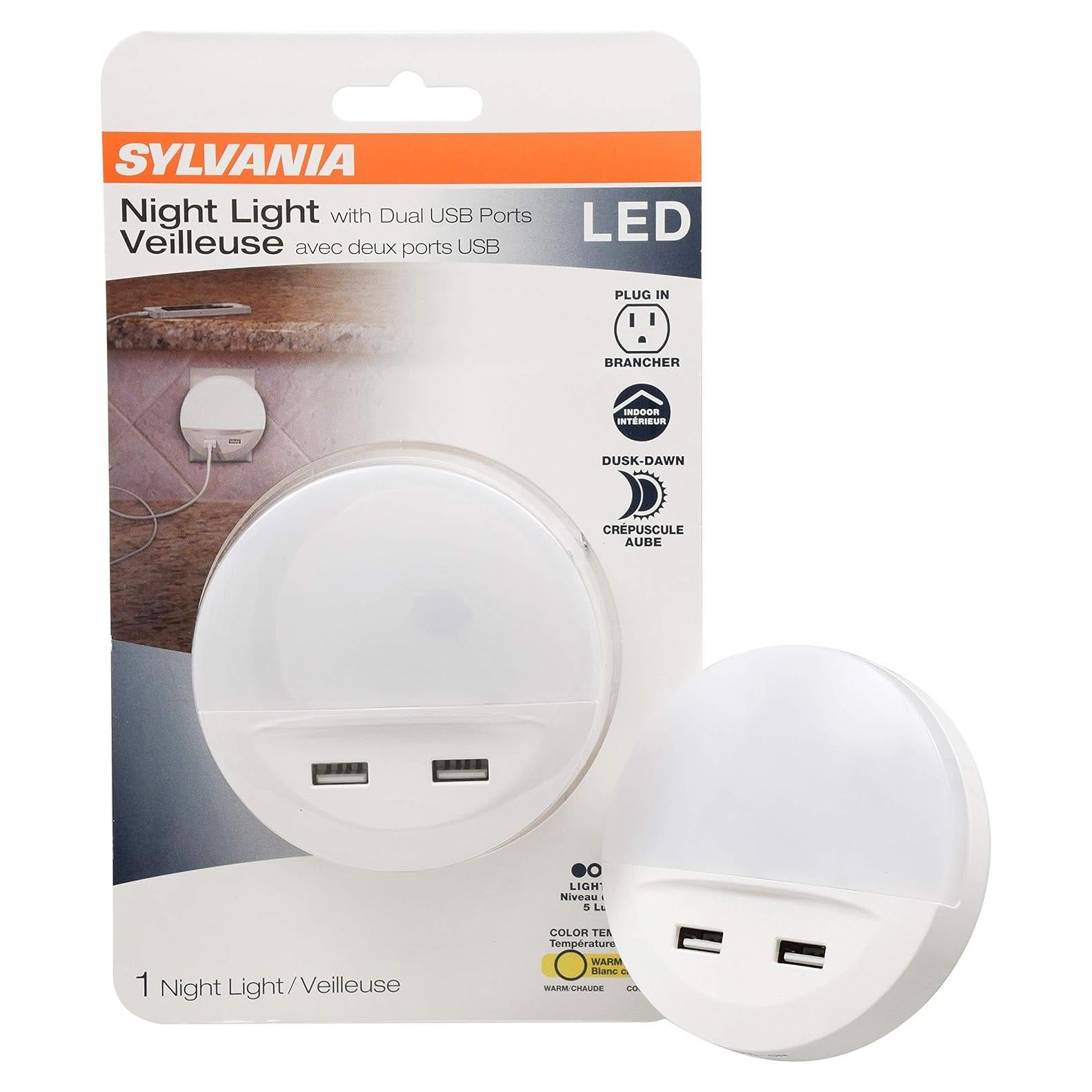 Luz Nocturna LED SYLVANIA con 2 Puertos USB, 3000K, 1 Paquete