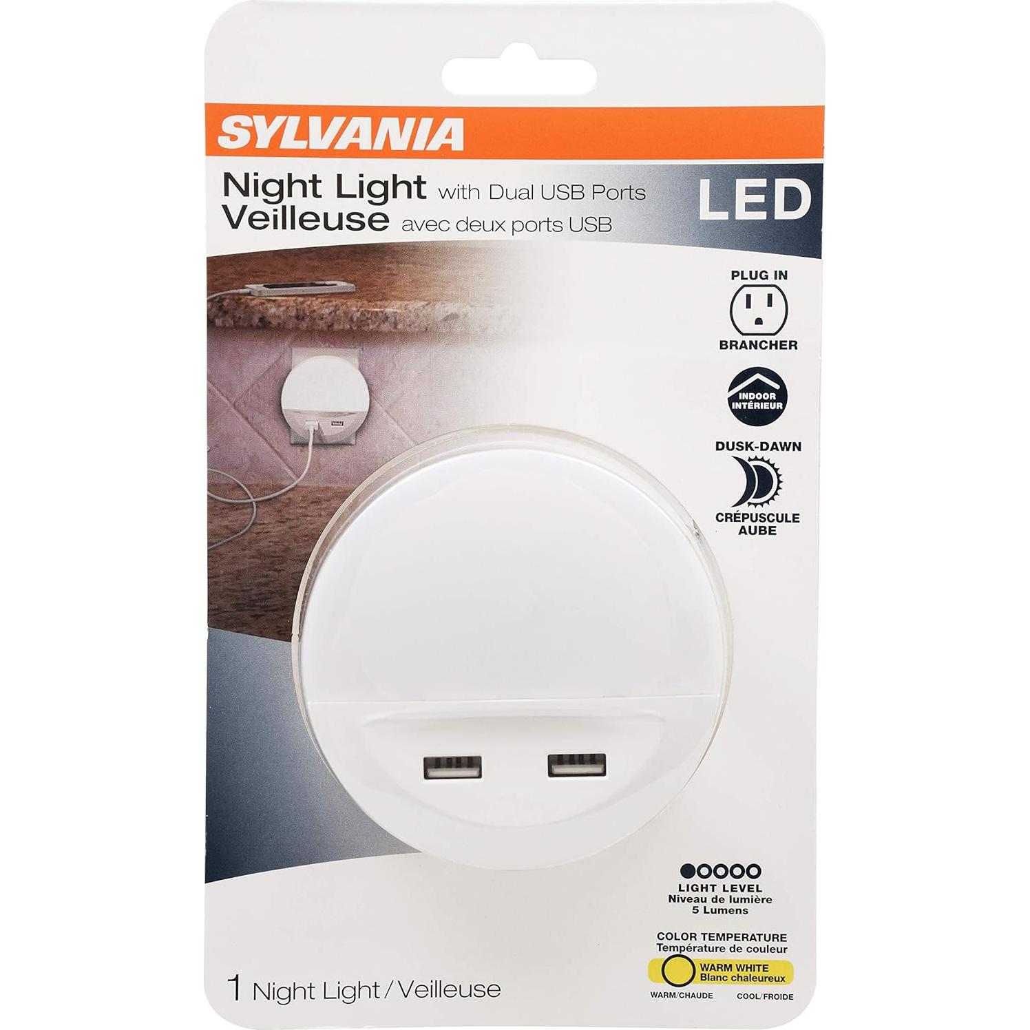 Luz Nocturna LED SYLVANIA con 2 Puertos USB, 3000K, 1 Paquete