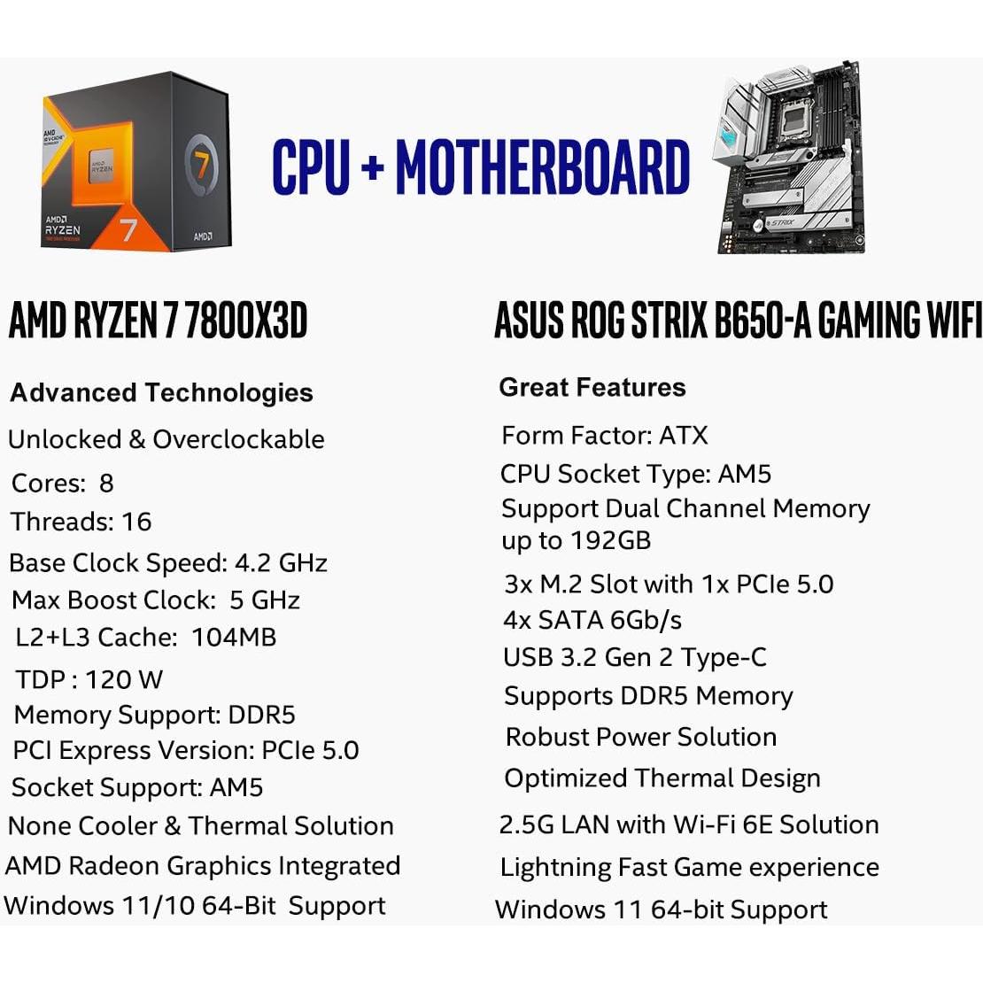 Kit Placa Base y CPU Micro Center AMD Ryzen 7 7800X3D + ASUS ROG Strix B650-A