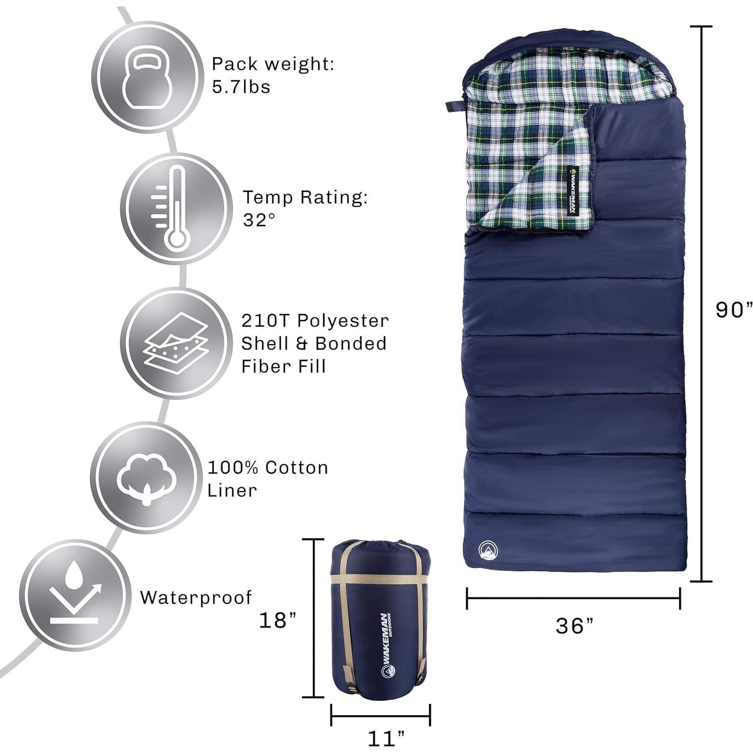 Saco de dormir Wakeman XL 0°C con capucha para camping