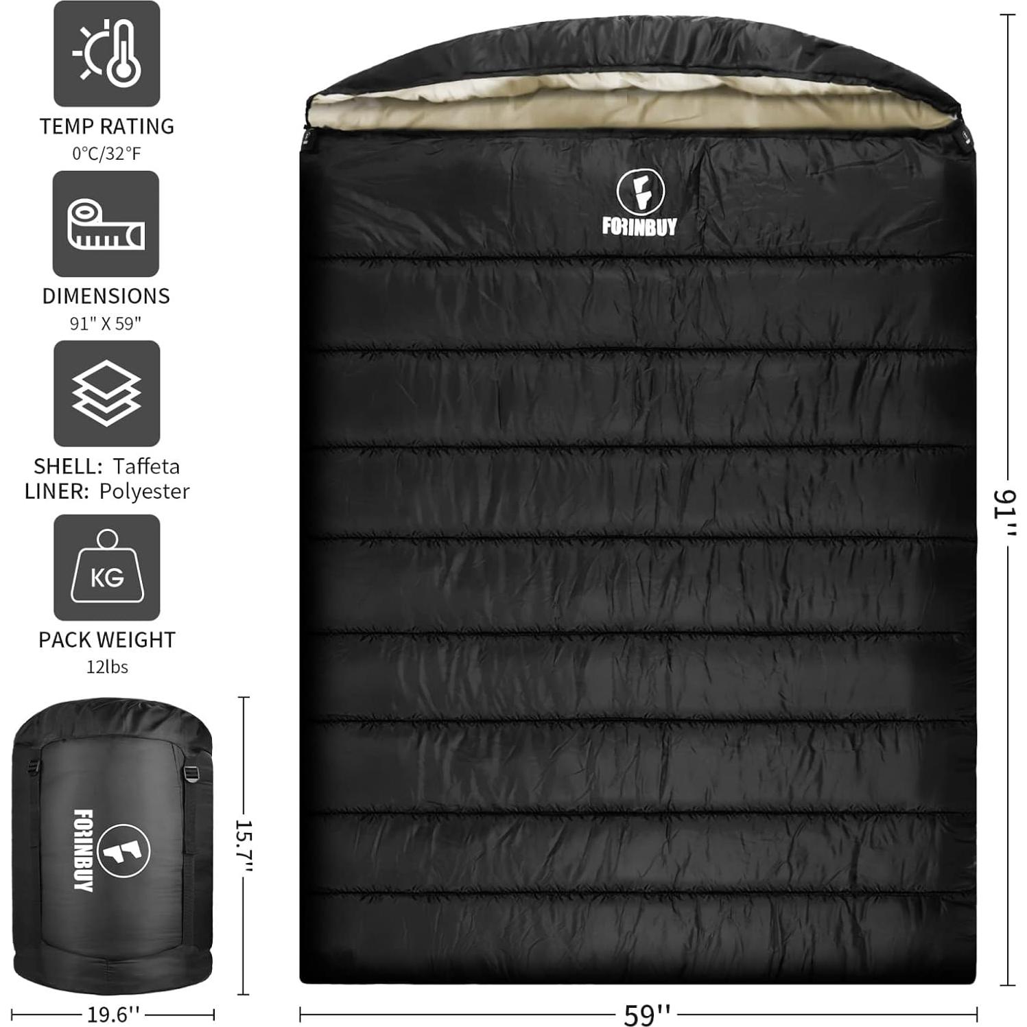 Saco de dormir doble Forinbuy FB2211 Beige-Negro 0°C 2 personas