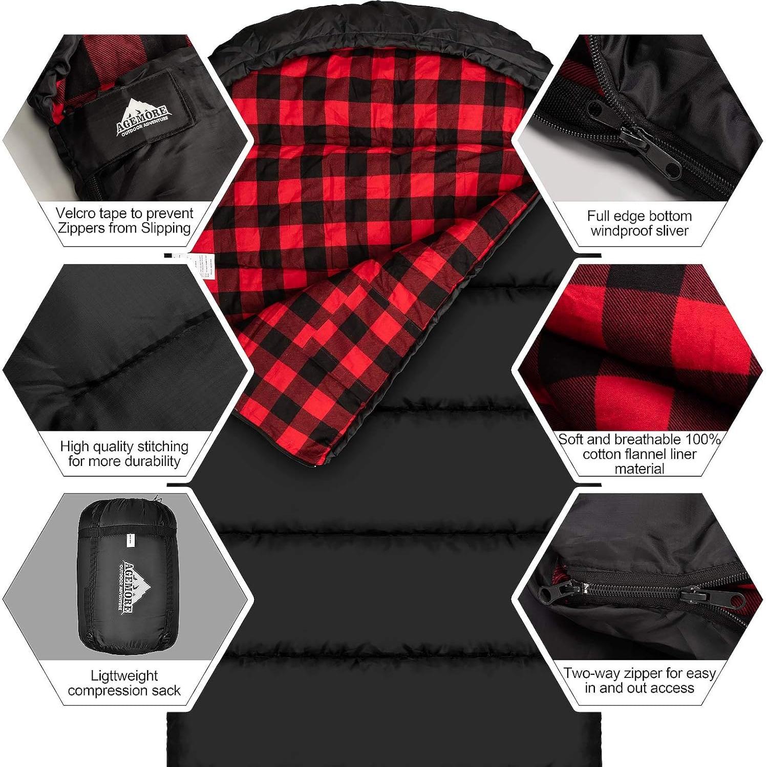 Saco de dormir AGEMORE XL Franela Algodón Impermeable 3 Estaciones