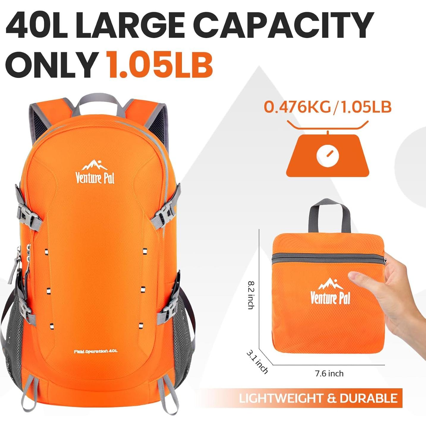 Mochila Plegable Venture Pal 40L Naranja para Viajes y Senderismo