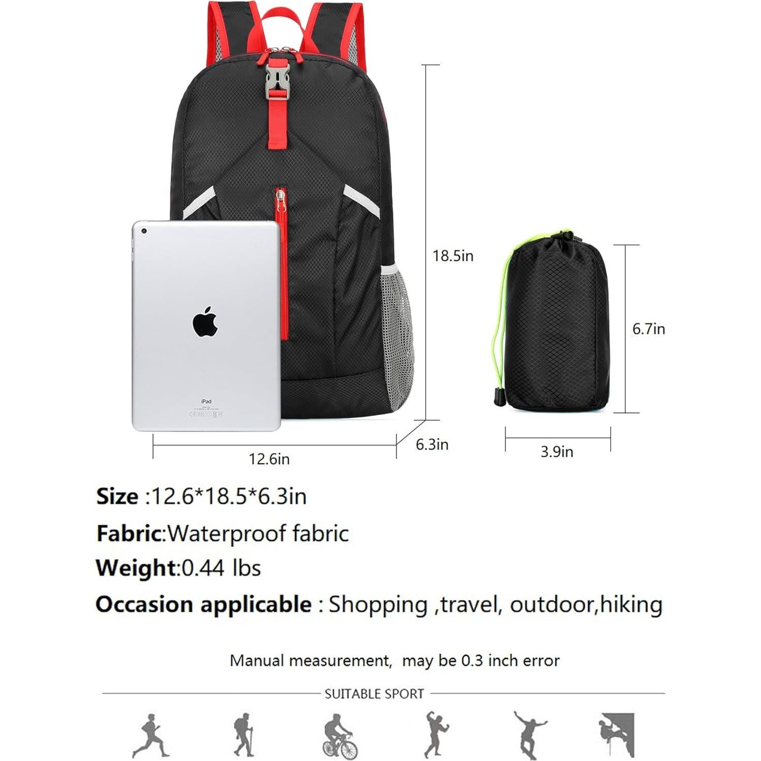 Mochila de Senderismo Plegable 25L Resistente al Agua Negra