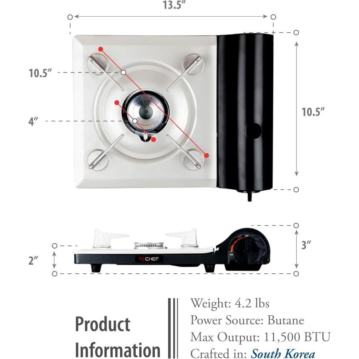 Estufa de Gas Butano Portátil TECHF - 2800 kcal/h - Corea