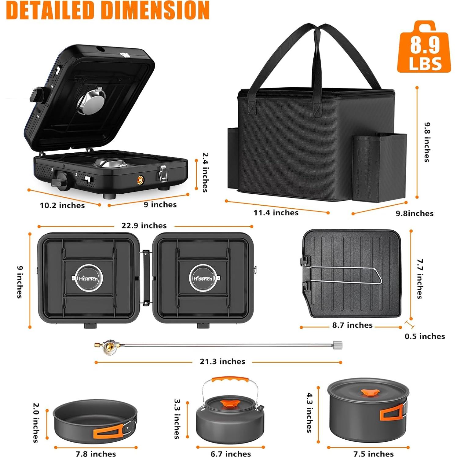 Hisencn 2 Burner Foldable Camping Stove with Griddle,Portable Propane Camp Stove, 20000 BTU Propane Stove, Outdoor Gas Stove with Carry Bag,Includes Frying Pan, Kettle, and Pot, Adjustable Burners
