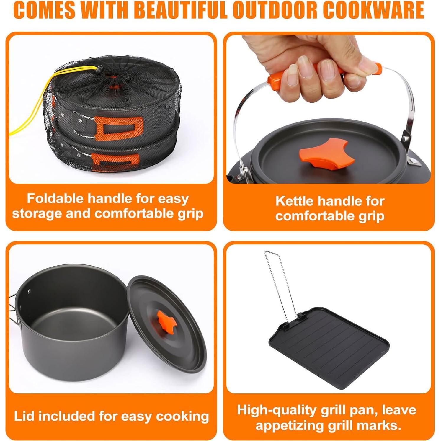 Hisencn 2 Burner Foldable Camping Stove with Griddle,Portable Propane Camp Stove, 20000 BTU Propane Stove, Outdoor Gas Stove with Carry Bag,Includes Frying Pan, Kettle, and Pot, Adjustable Burners