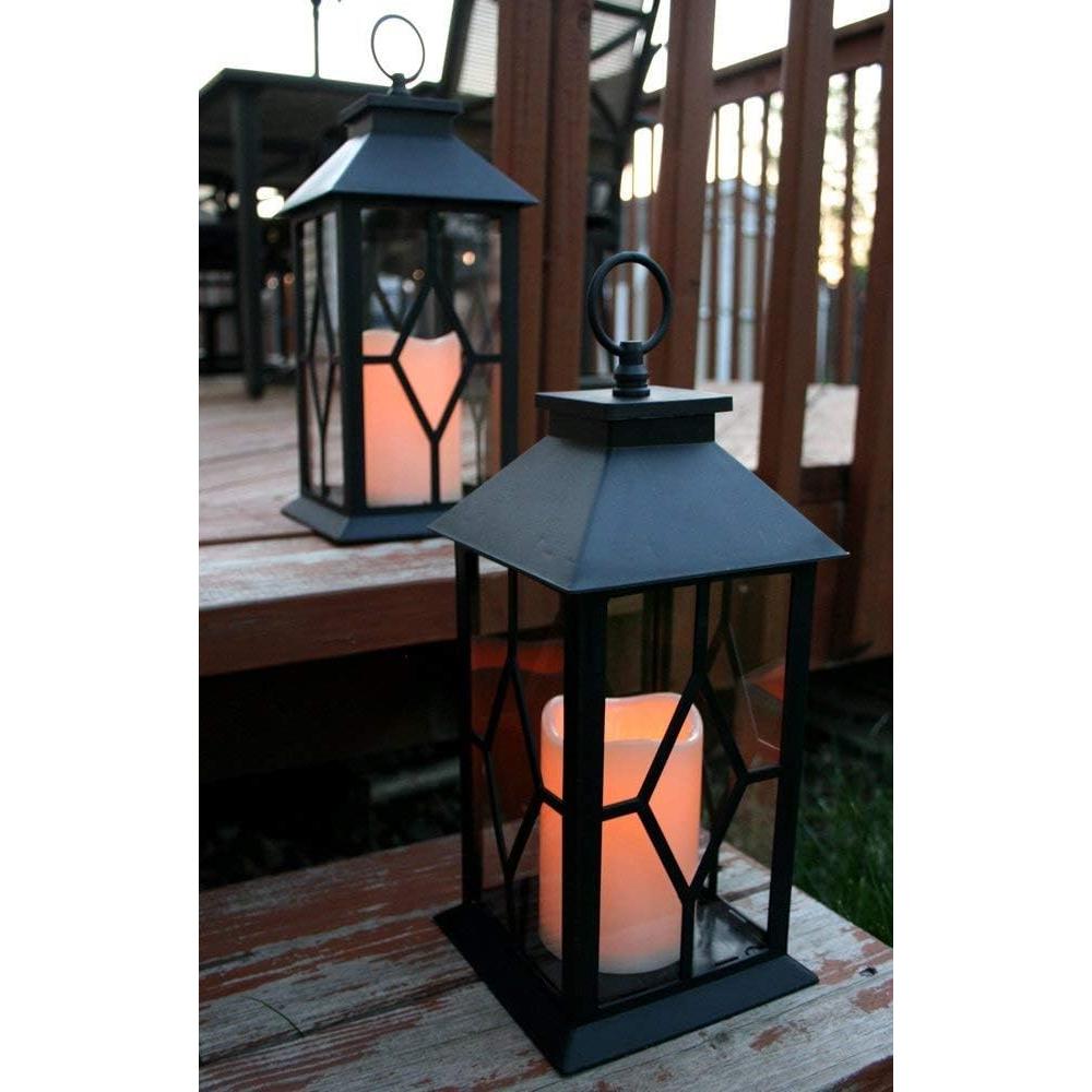 Decorative Lighed Lanterns - Black LED Decorative Lanterns with a Flameless Pillar Candle - Remote Control - 4 Hour Timer - Indoor Outdoor Lighting - Set of 2 - 13" H