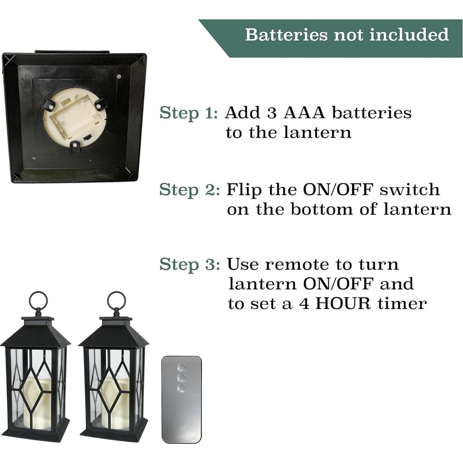 Decorative Lighed Lanterns - Black LED Decorative Lanterns with a Flameless Pillar Candle - Remote Control - 4 Hour Timer - Indoor Outdoor Lighting - Set of 2 - 13" H