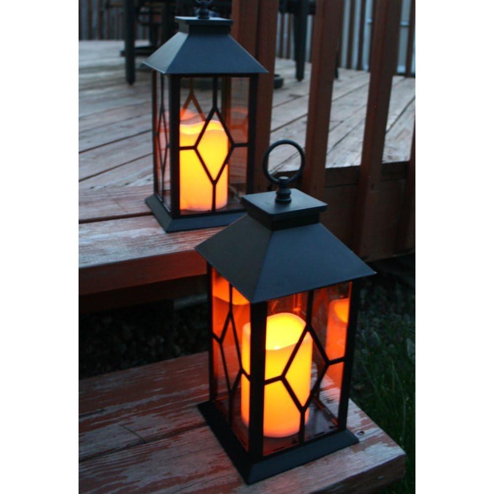 Decorative Lighed Lanterns - Black LED Decorative Lanterns with a Flameless Pillar Candle - Remote Control - 4 Hour Timer - Indoor Outdoor Lighting - Set of 2 - 13" H