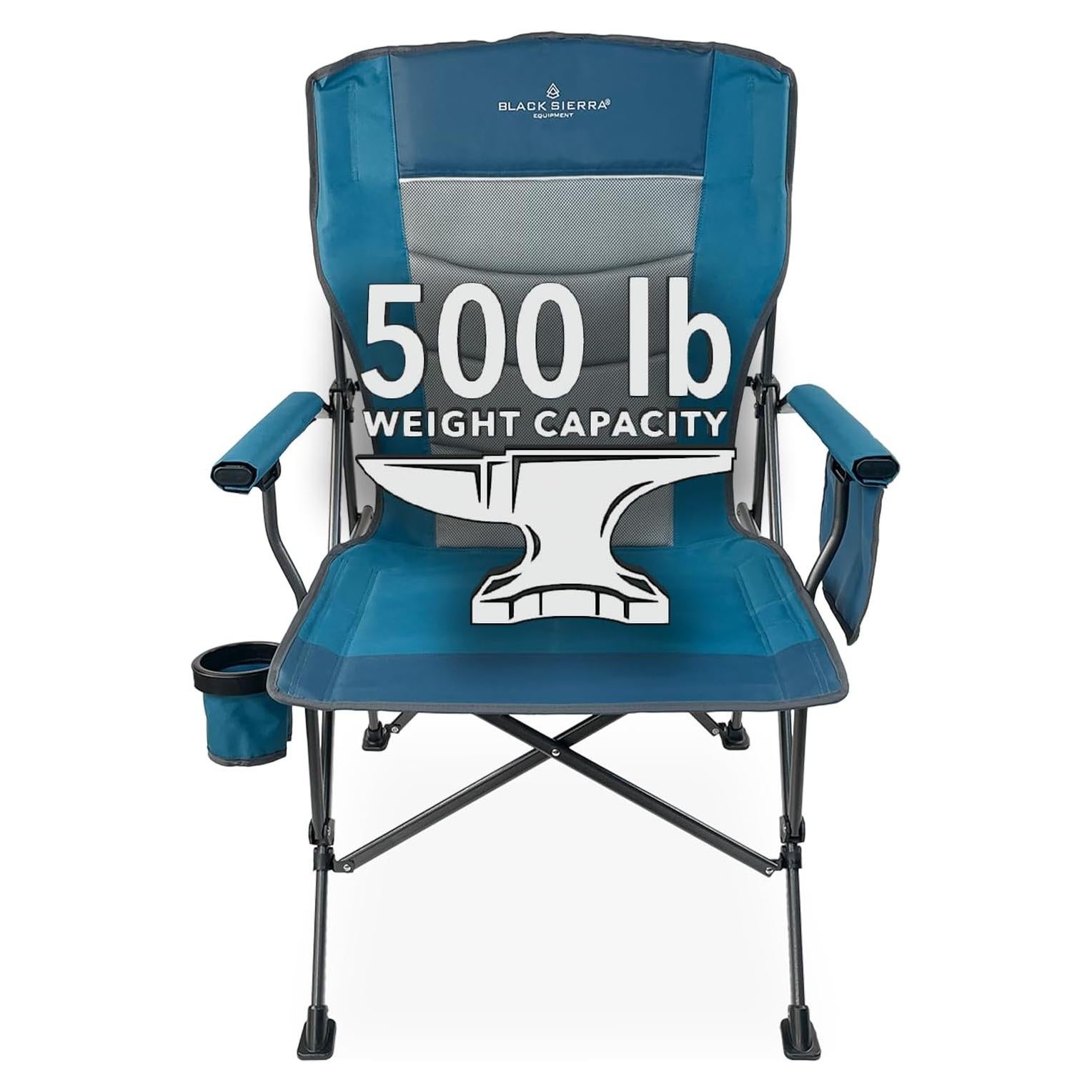 Black Sierra Oversize Camping Chair for Adults Supports 500 lbs, XL Heavy Duty Hard Arm Folding Chair, Steel Frame Durable Padded Outdoor Seat, Portable Fold Up Chair w/Cup Holder and Storage Bag