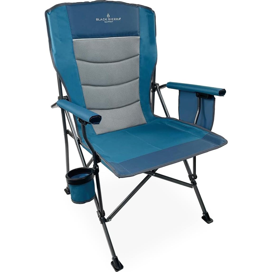 Black Sierra Oversize Camping Chair for Adults Supports 500 lbs, XL Heavy Duty Hard Arm Folding Chair, Steel Frame Durable Padded Outdoor Seat, Portable Fold Up Chair w/Cup Holder and Storage Bag