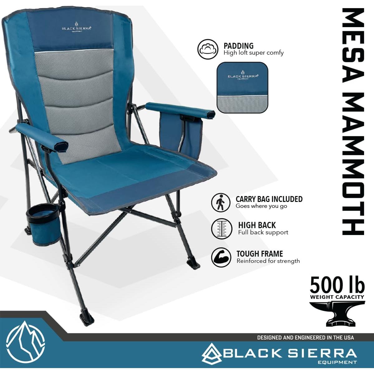 Black Sierra Oversize Camping Chair for Adults Supports 500 lbs, XL Heavy Duty Hard Arm Folding Chair, Steel Frame Durable Padded Outdoor Seat, Portable Fold Up Chair w/Cup Holder and Storage Bag