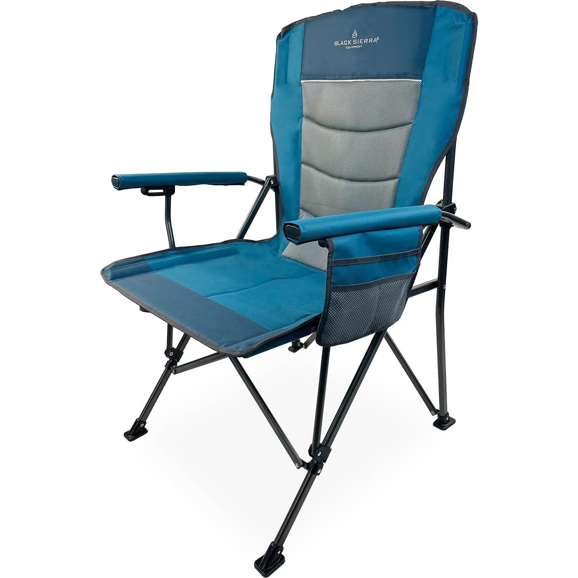 Black Sierra Oversize Camping Chair for Adults Supports 500 lbs, XL Heavy Duty Hard Arm Folding Chair, Steel Frame Durable Padded Outdoor Seat, Portable Fold Up Chair w/Cup Holder and Storage Bag