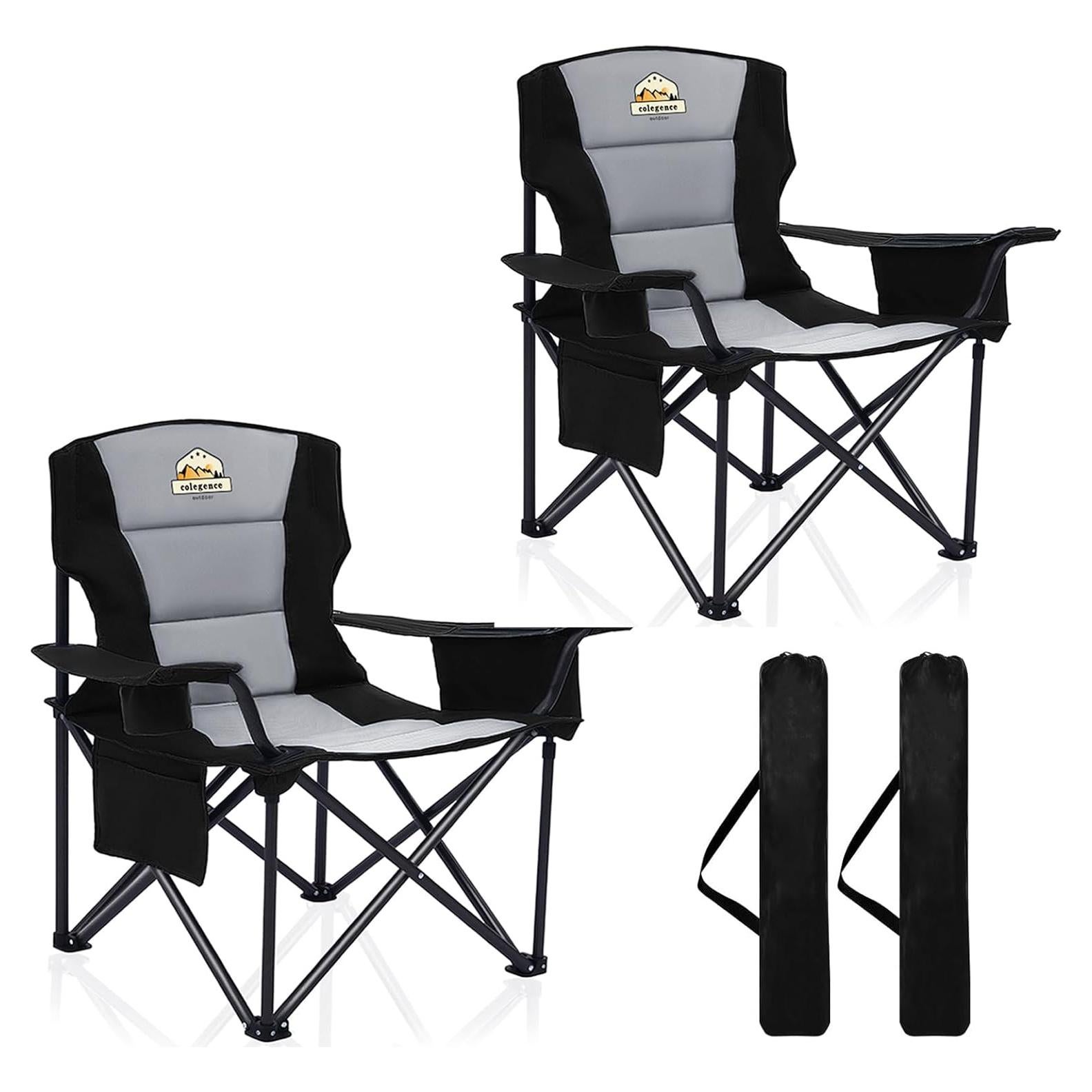 Oversized Camping Chairs 2 Pack - 450lbs Support Heavy Duty Folding Camp Chair Wide Portable Outside Collapsible Chairs with Carry Bag,Cooler,Cup Holder for Outdoor,Lawn,Sports,Baseball,Soccer-Black